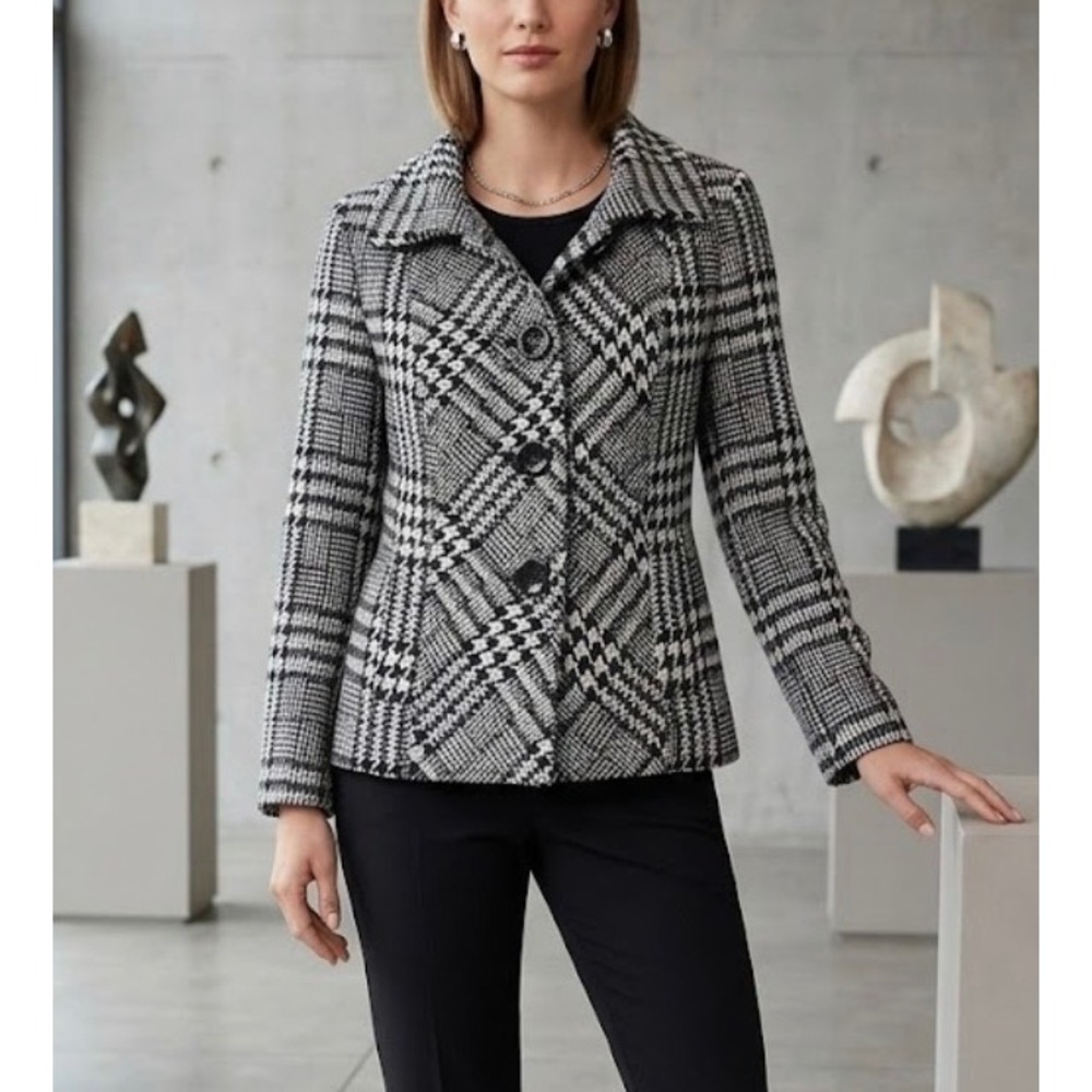 Chicos Houndstooth Plaid Metallic Button Front Jacket Black White Purple Size 2